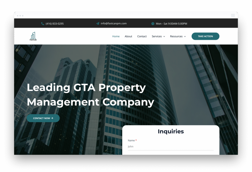 A desktop mockup of the Fastcan Property Management website landing page featuring a modern high-rise building background and a lead generation inquiry form.