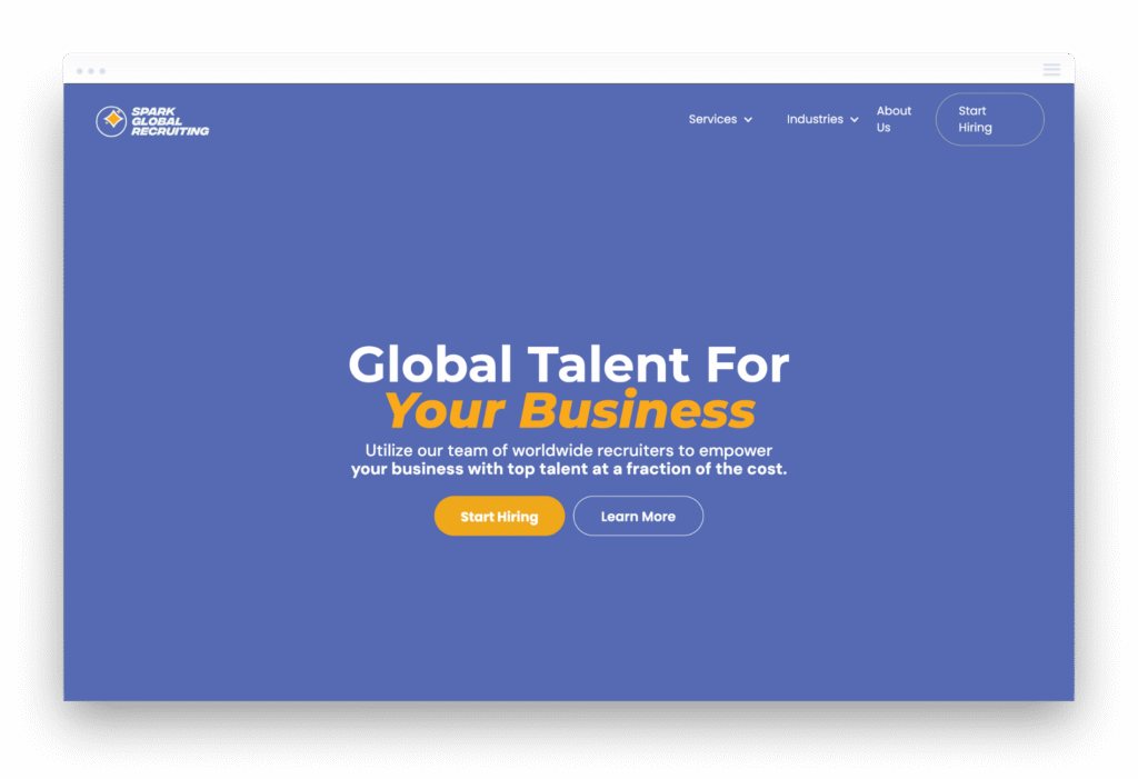 A desktop browser mockup of the Spark Global Recruiting landing page featuring a bold purple background, yellow accent buttons, and a "Global Talent For Your Business" headline.