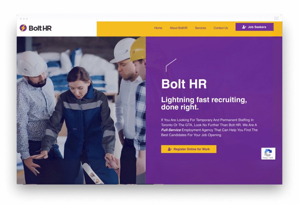 Desktop website mockup for Bolt HR featuring a purple and yellow split-screen design with recruitment specialists in the background.
