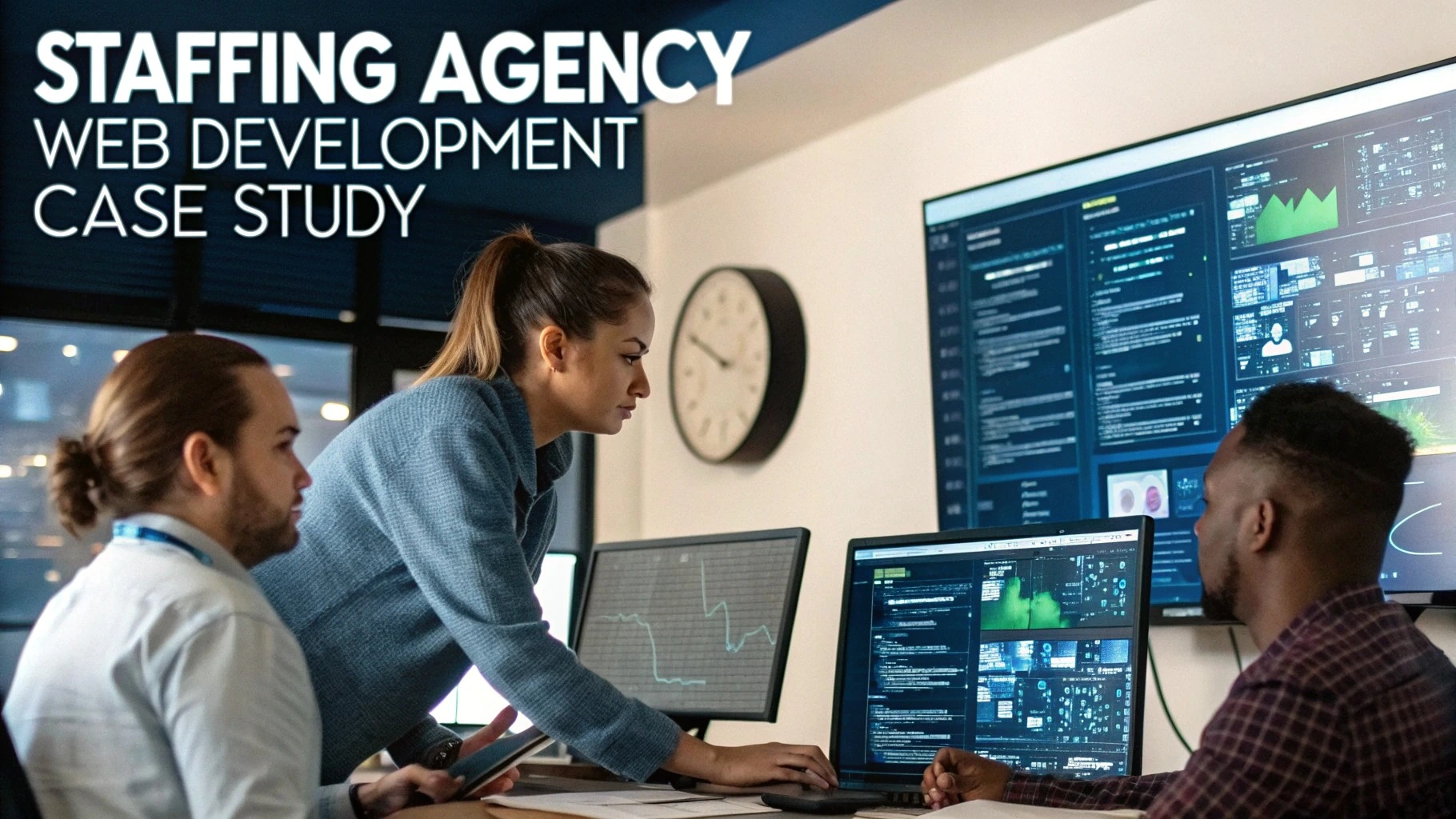 Digital marketing for recruitment agencies case study illustration showing a team reviewing a recruitment website and lead performance on a laptop.