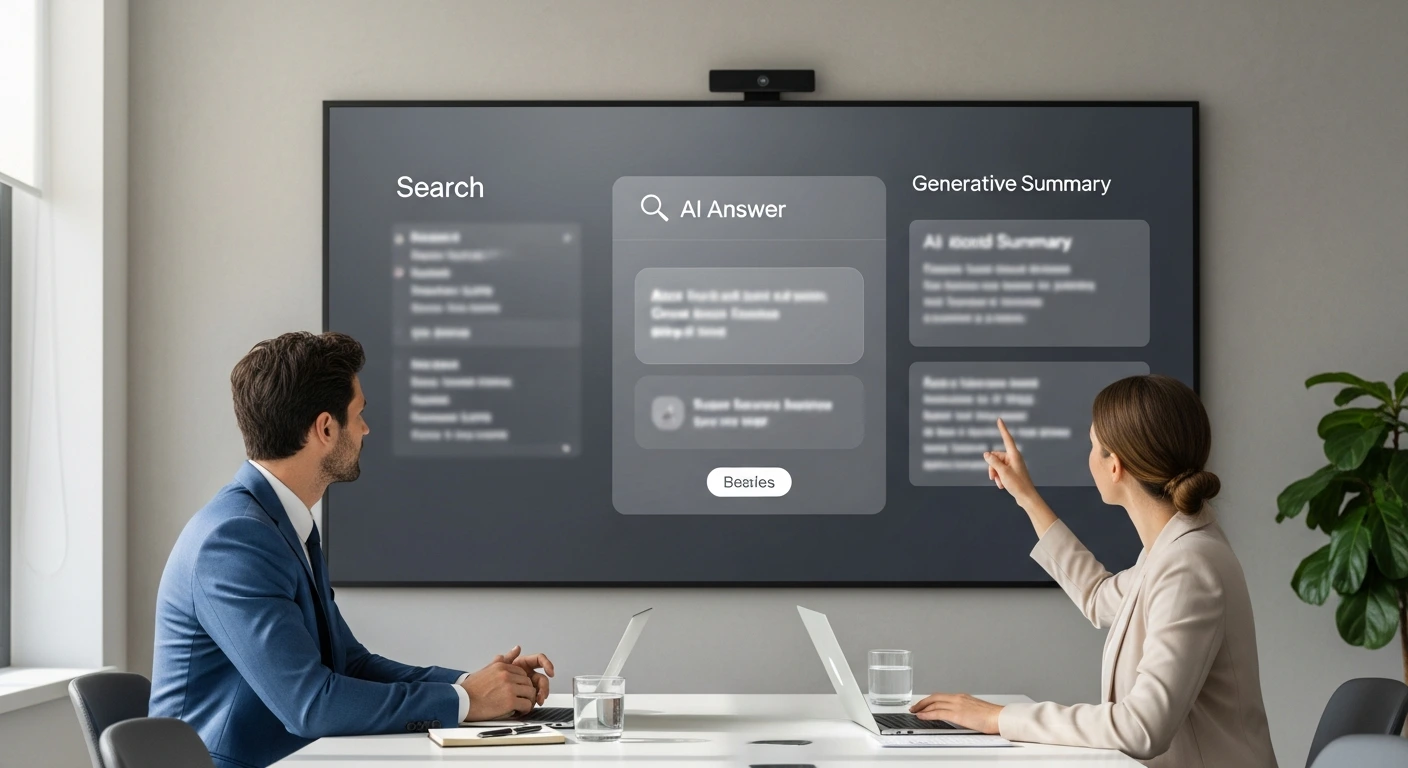 Business owner and marketer reviewing traditional search results, direct answers, and AI generated summaries on a screen, representing SEO vs AEO vs GEO comparison