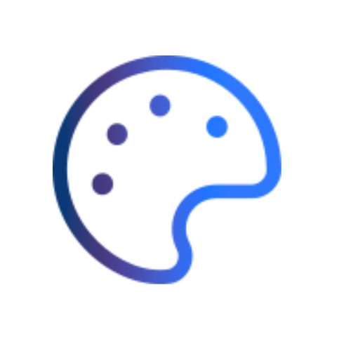 Blue and purple gradient icon of an artist's paint palette with four thumb holes or paint wells.