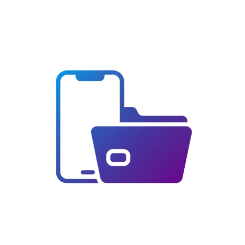 Blue and purple gradient icon featuring a smartphone next to a digital data folder.
