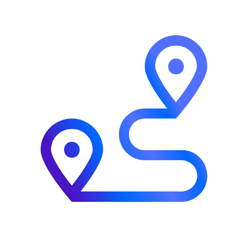 Blue and purple gradient icon featuring a winding path connecting two map location pins.