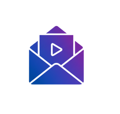 Blue and purple gradient icon of an open envelope with a video play button symbol inside.