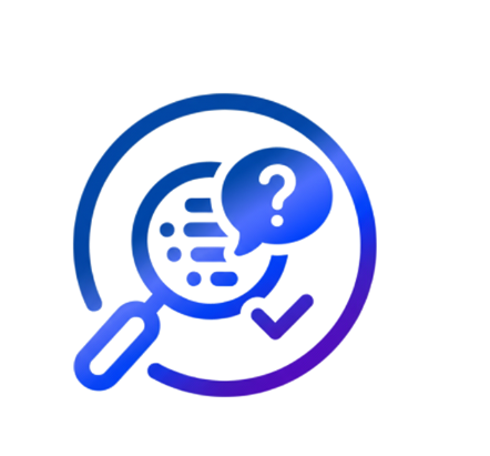 Blue and purple gradient icon featuring a magnifying glass over data lines with a question mark bubble.