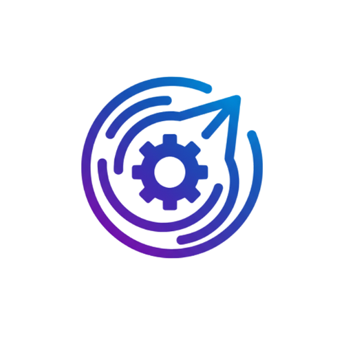 Blue and purple gradient icon featuring a gear inside a circular target with a directional arrow.