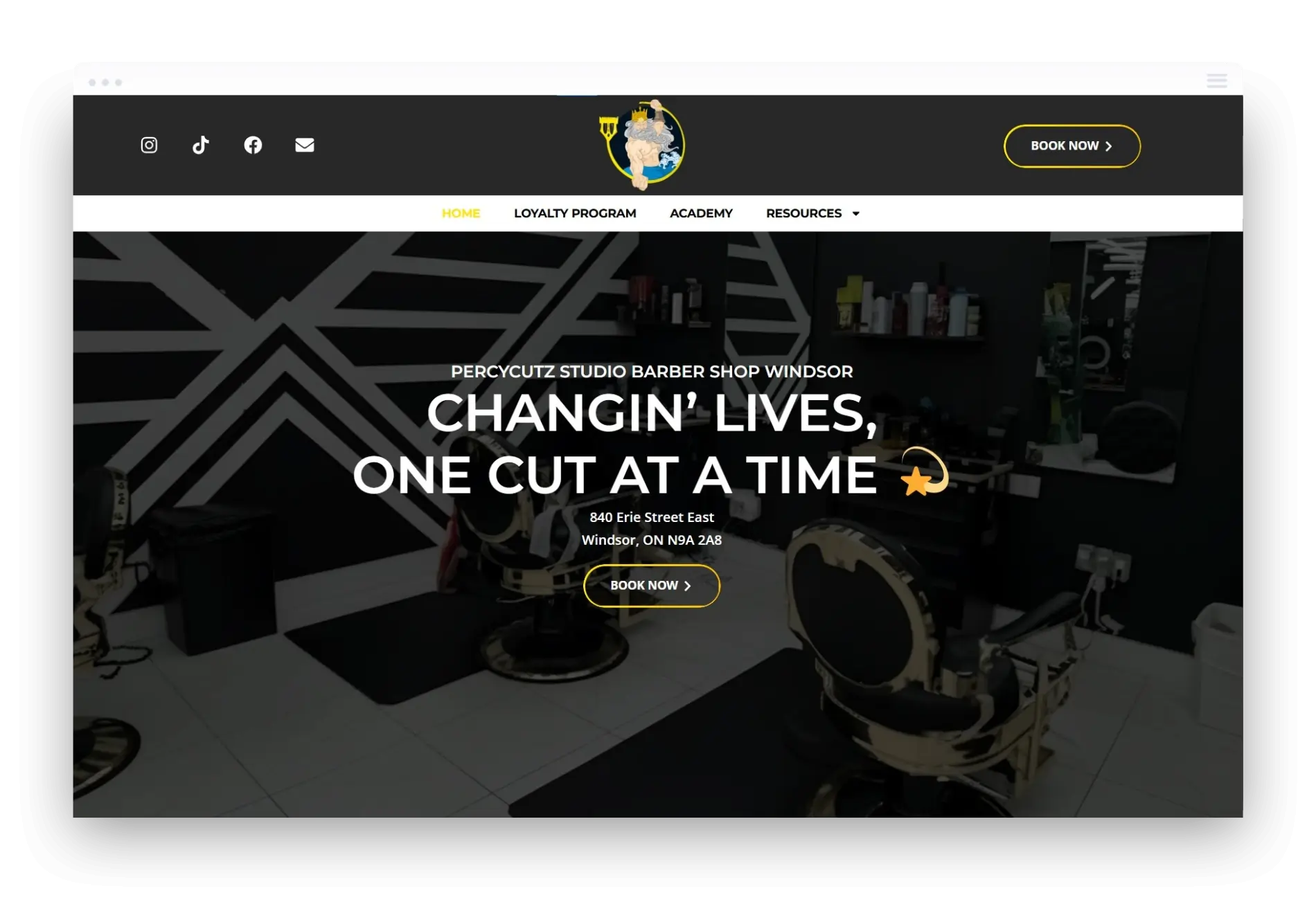 Professional homepage for PercyCutz Studio showing interior barbershop chairs and the "Changin' Lives" slogan.