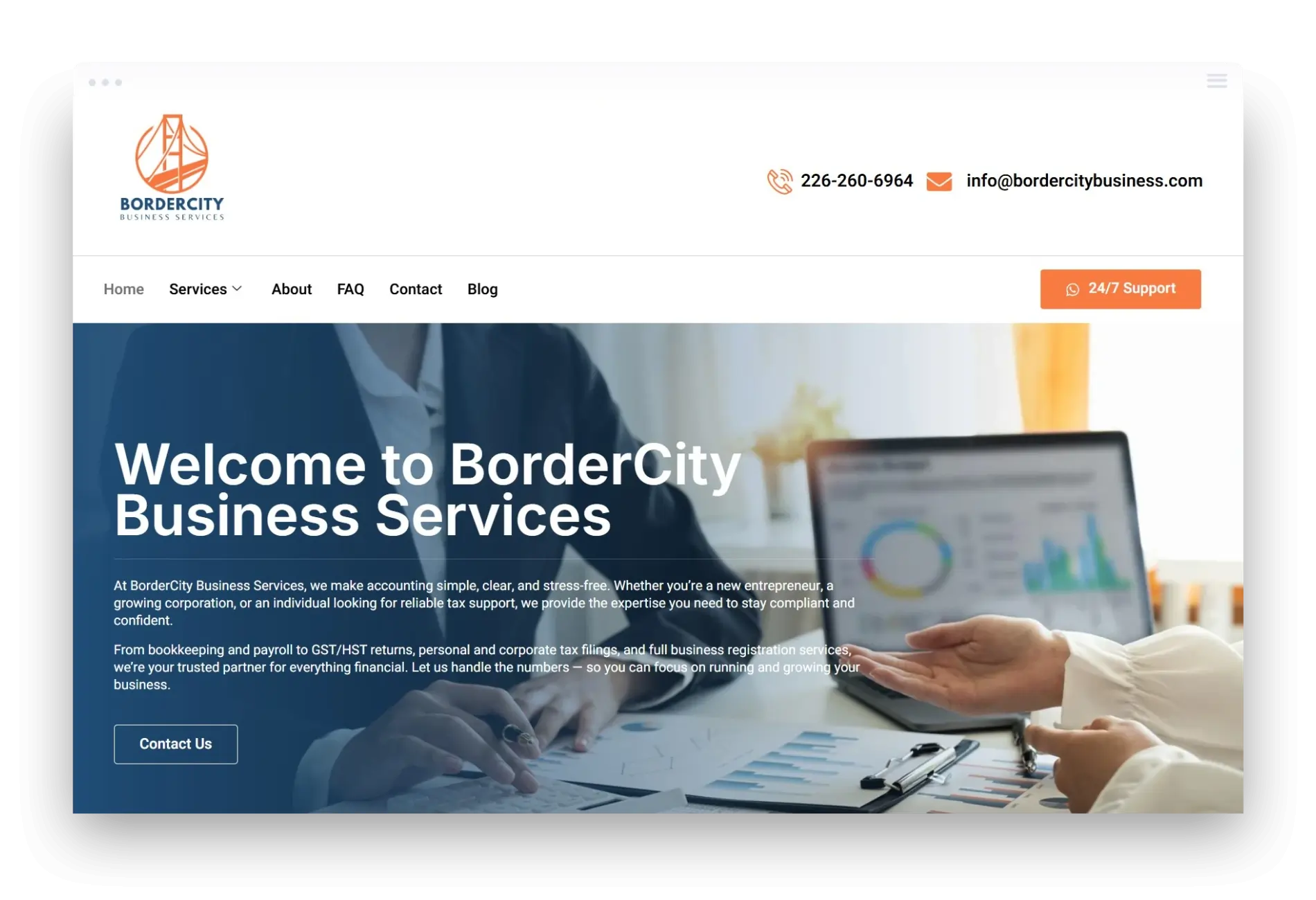 Professional website homepage for BorderCity Business Services showing accounting and tax solutions.