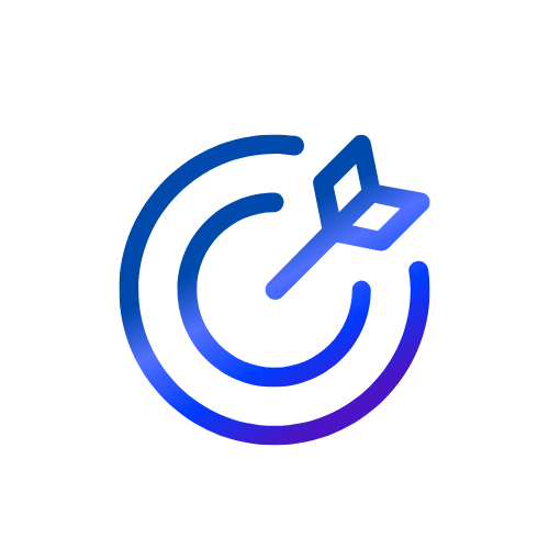 Blue and purple gradient icon featuring a dart hitting the center of a circular bullseye target.