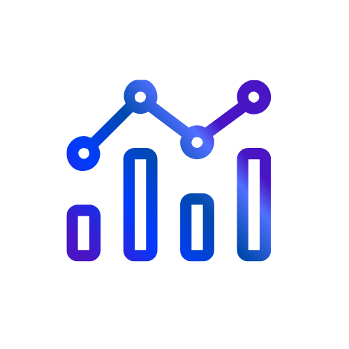 Blue and purple gradient icon featuring a bar chart and a rising line graph.
