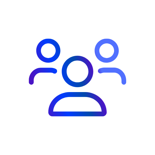 Blue and purple gradient icon featuring three stylized human silhouettes representing a team or community.