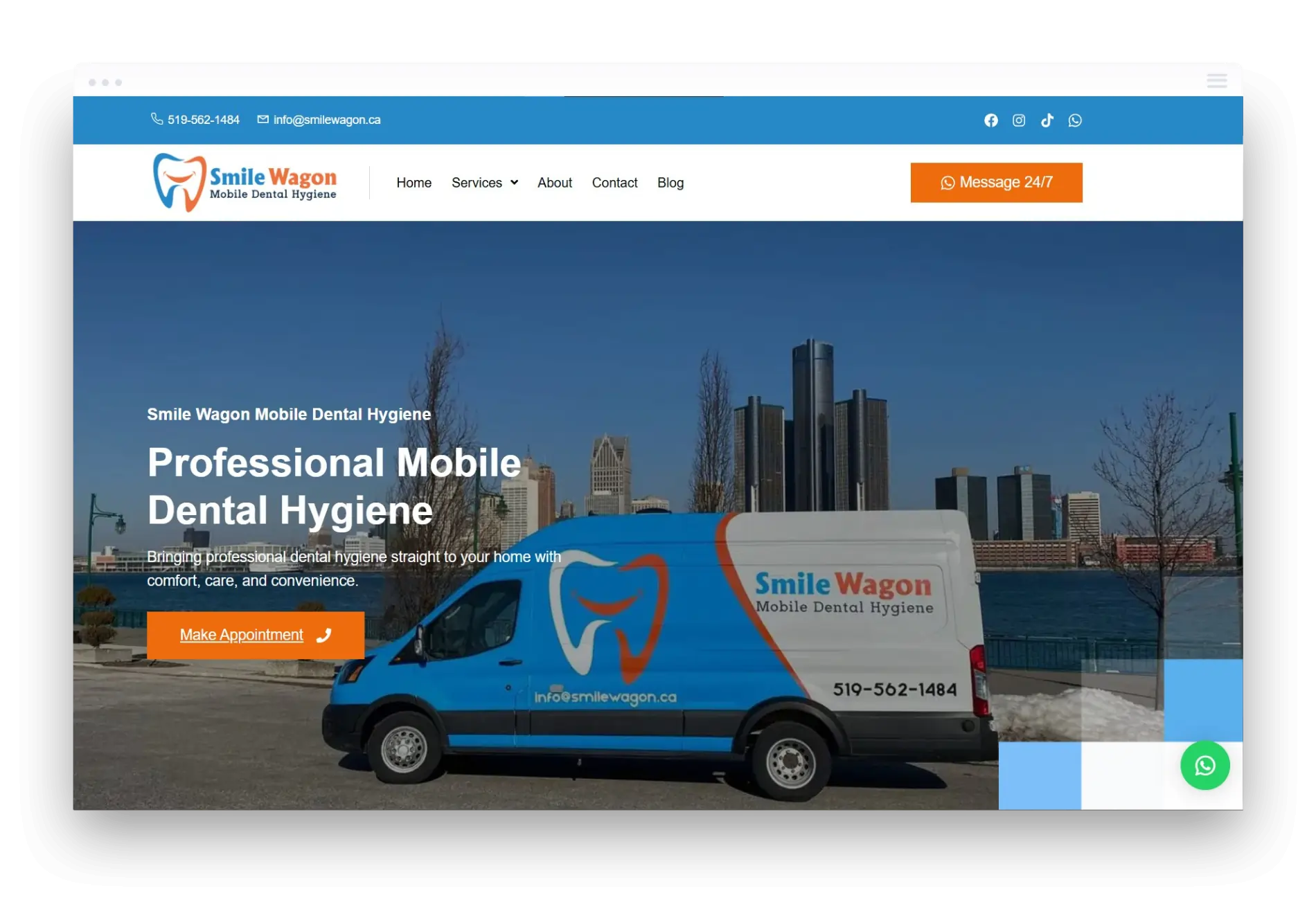 Professional homepage for Smile Wagon showing a mobile dental clinic and a smiling patient receiving care at home.