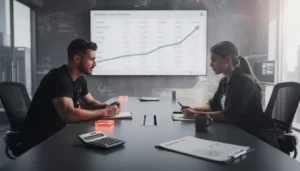 Business owner meeting with a marketer reviewing a budget screen about outsourcing your digital marketing cost