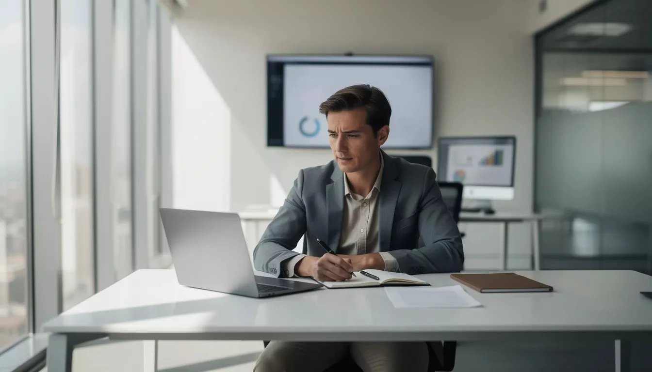A man in a grey suit working on a laptop and taking notes in a modern office with data charts.