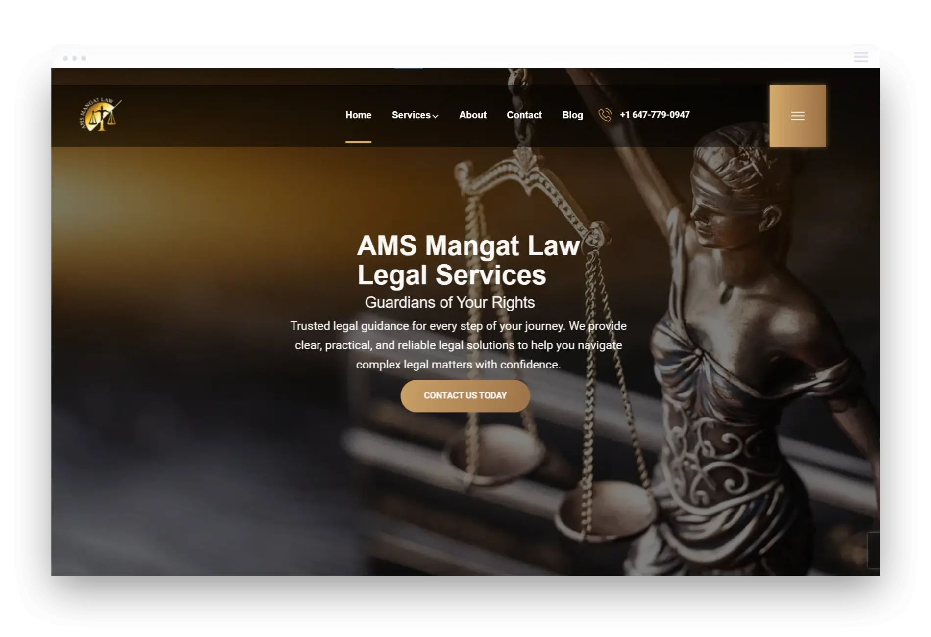 Professional logo and branding for AMS Mangat Law PC, a Canadian firm specializing in real estate and immigration.