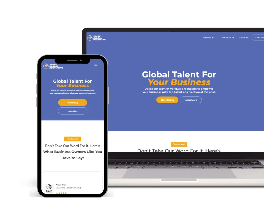 A responsive website mockup on a laptop and smartphone for Spark Global Recruiting, illustrating digital marketing and web design for recruitment agencies.