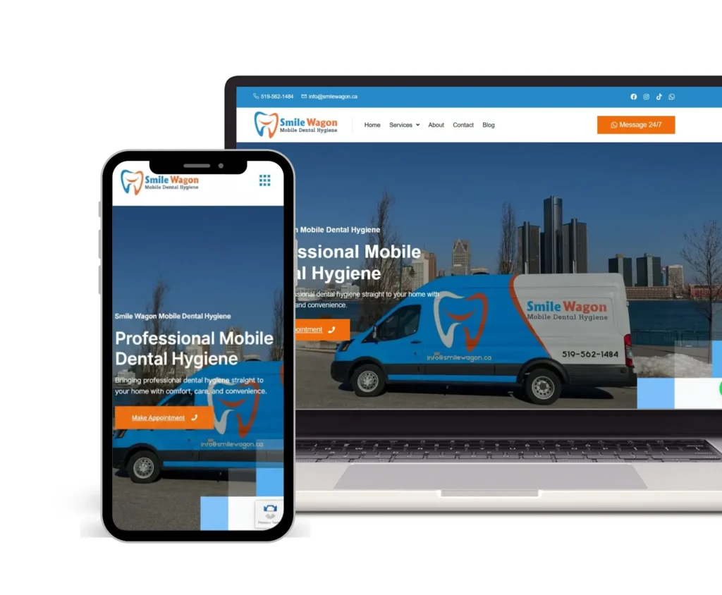 Portfolio showcase by a marketing agency for dentists featuring a responsive mobile and desktop website design for Smile Wagon Mobile Dental Hygiene.