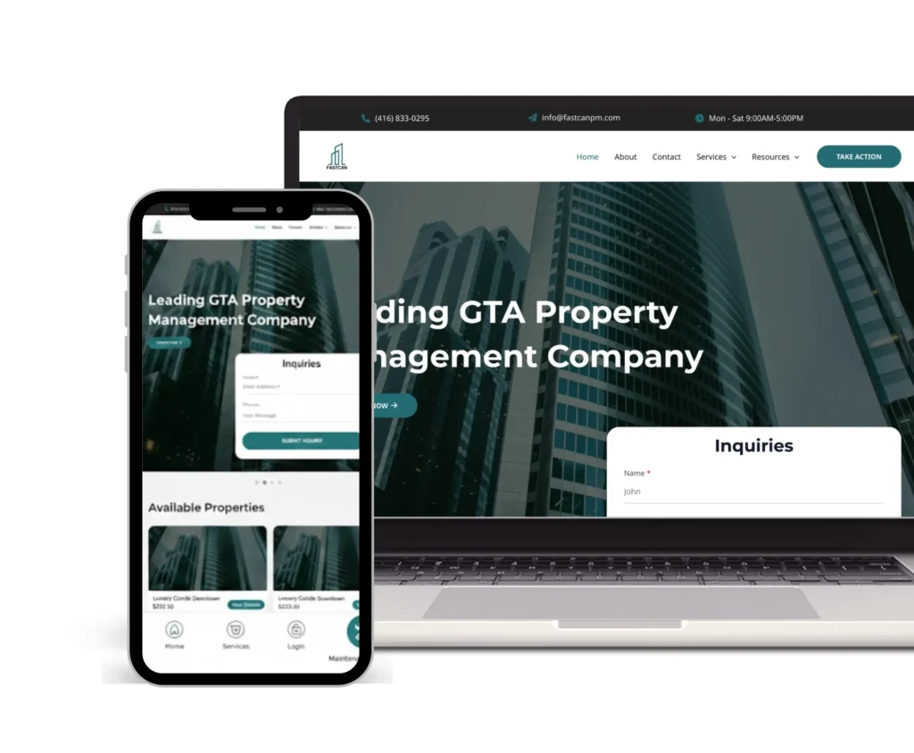 A professional responsive website design for a GTA property management company displayed on a laptop and mobile phone, highlighting marketing agency services.