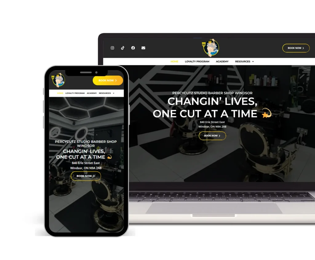 Responsive website design for PercyCutz Studio Barber Shop by a Salon Marketing Agency, showing mobile and desktop layouts with 'Book Now' integration.
